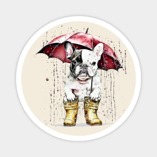 Cute french bulldog under the rain with red umbrella, vintage style, frenchie mon, frenchie dad, frenchie on vintage sun Magnet